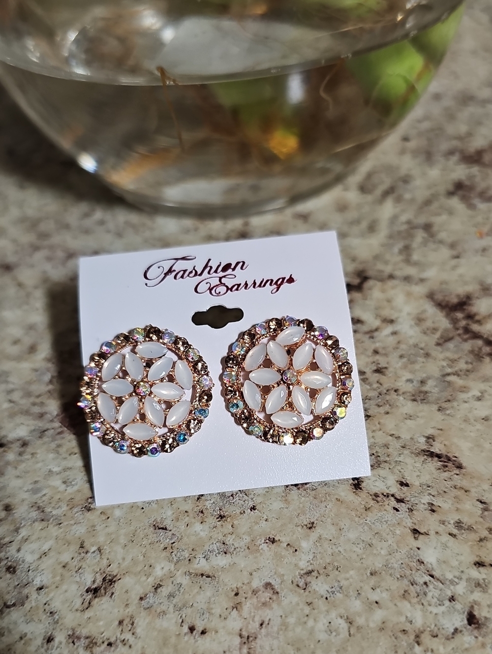 White and Multicolor Crystal Floral Stud Earrings -